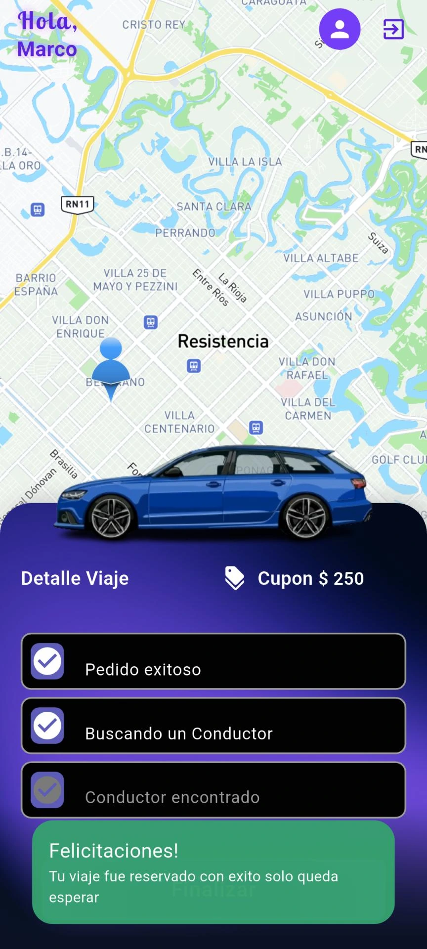 Mapa y solicitud de viaje