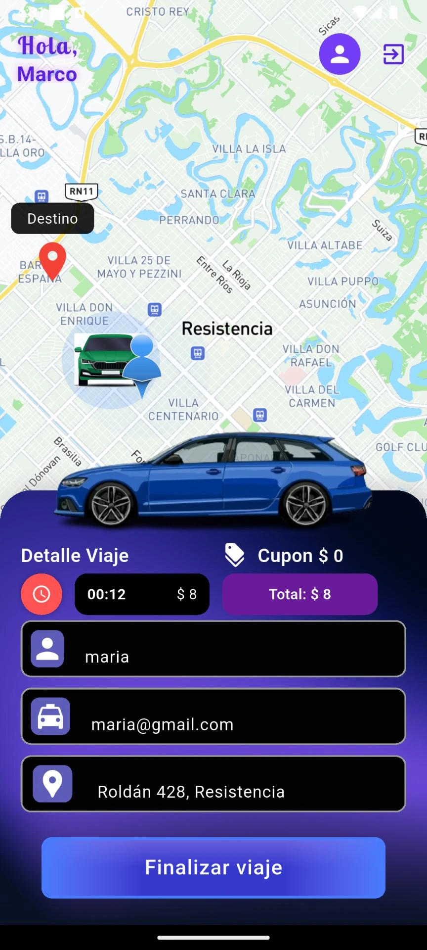 App conductor con viaje asignado